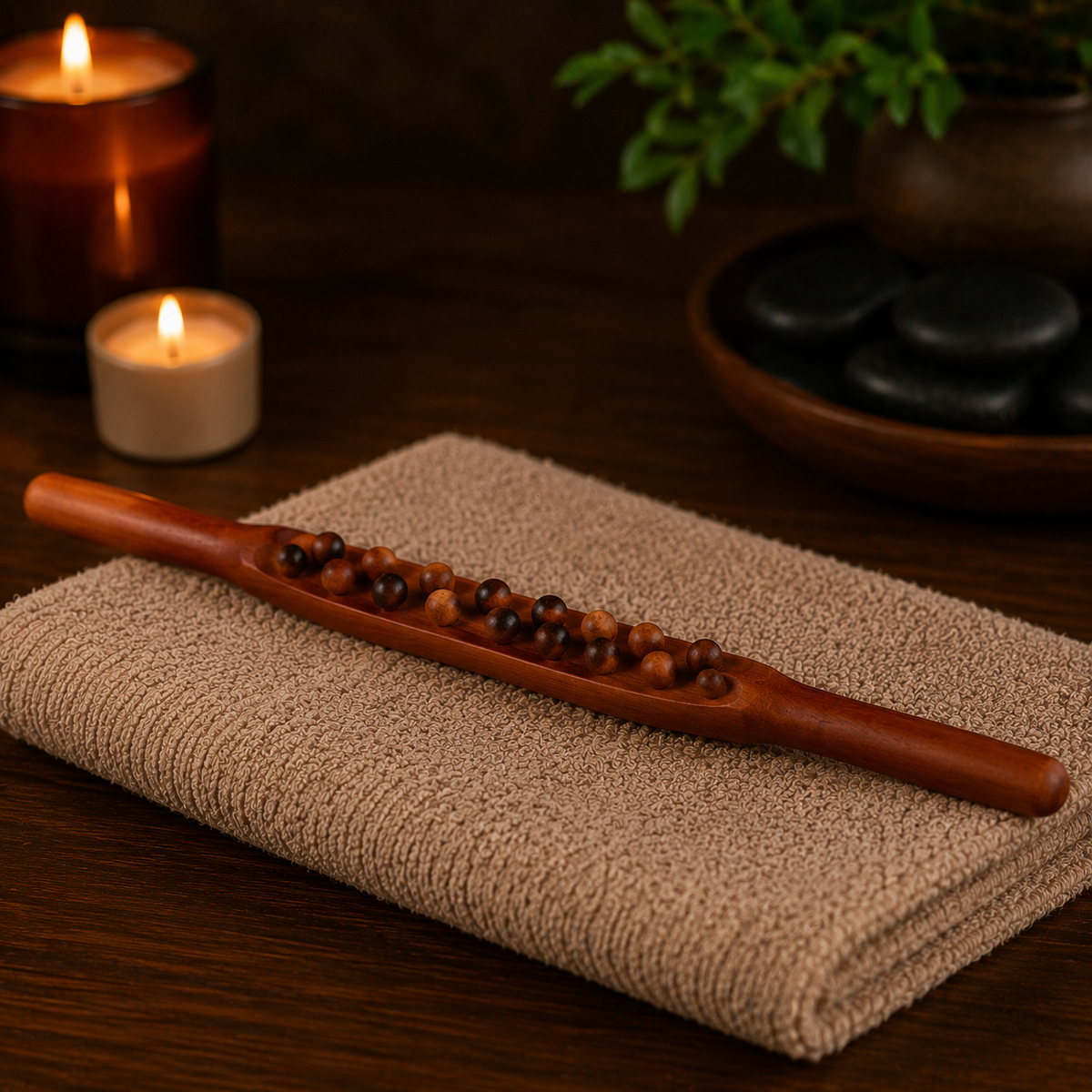 Ce bâton de massage en bois d'hêtre est équipé de billes arrondies qui roulent sur la peau 