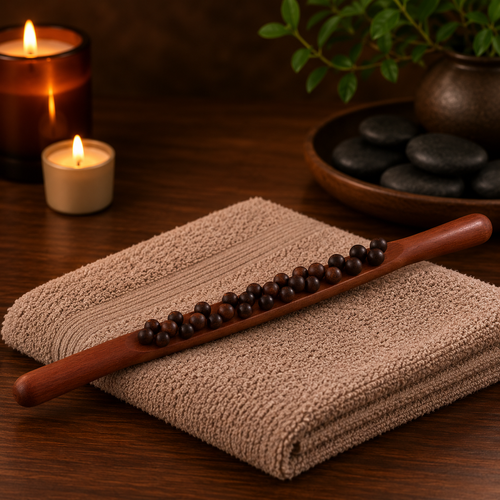 Ce bâton de massage en bois d'hêtre est équipé de billes arrondies qui roulent sur la peau 
