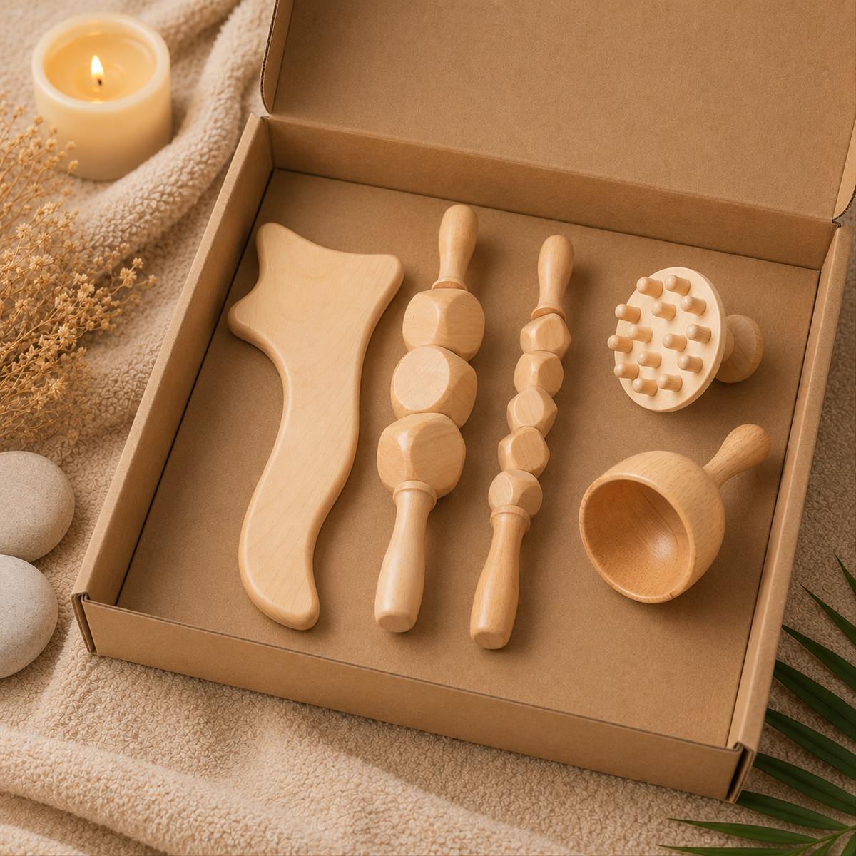  kits de massage en bois d'hêtre, proposés en trois compositions différentes selon vos besoins. 