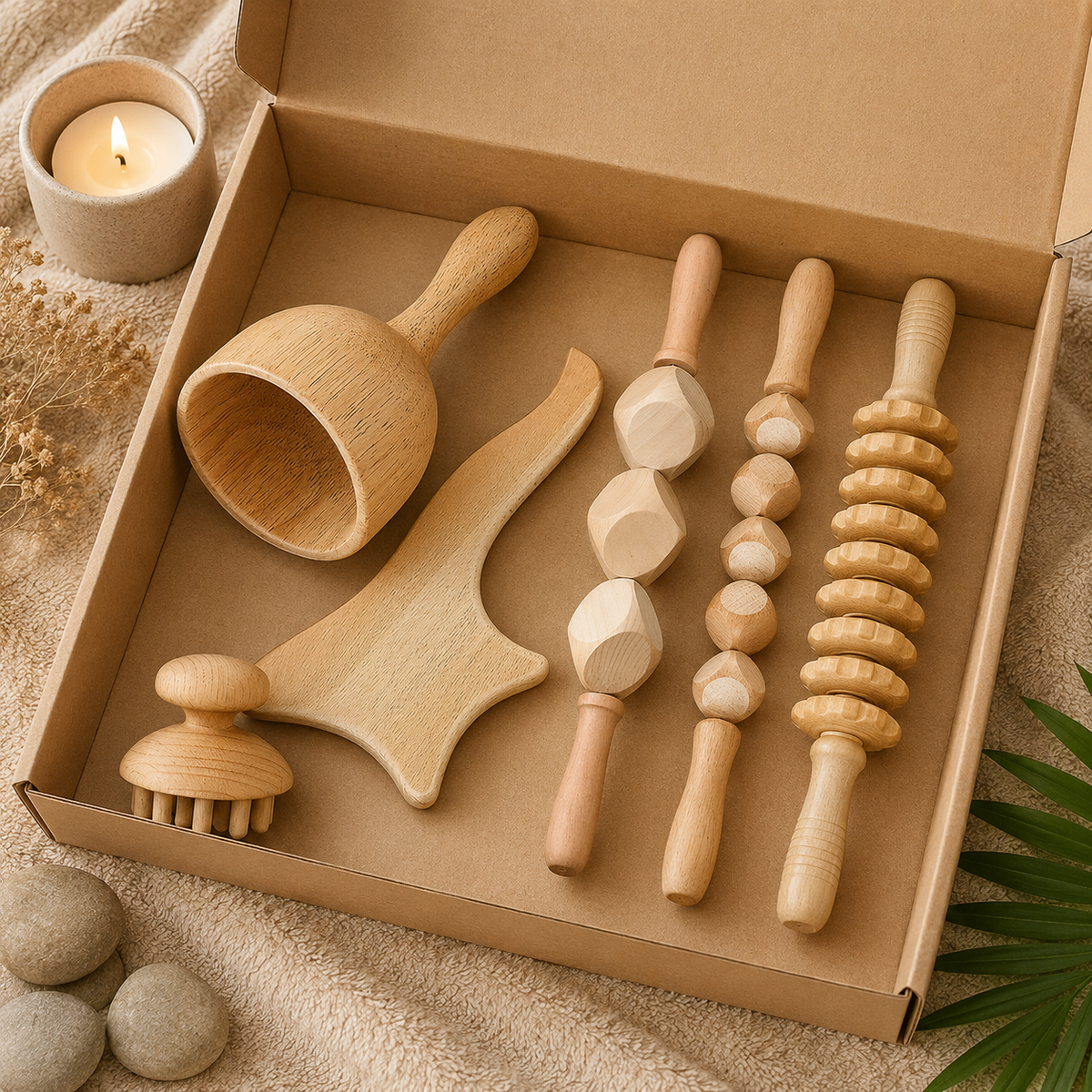  kits de massage en bois d'hêtre, proposés en trois compositions différentes selon vos besoins. 