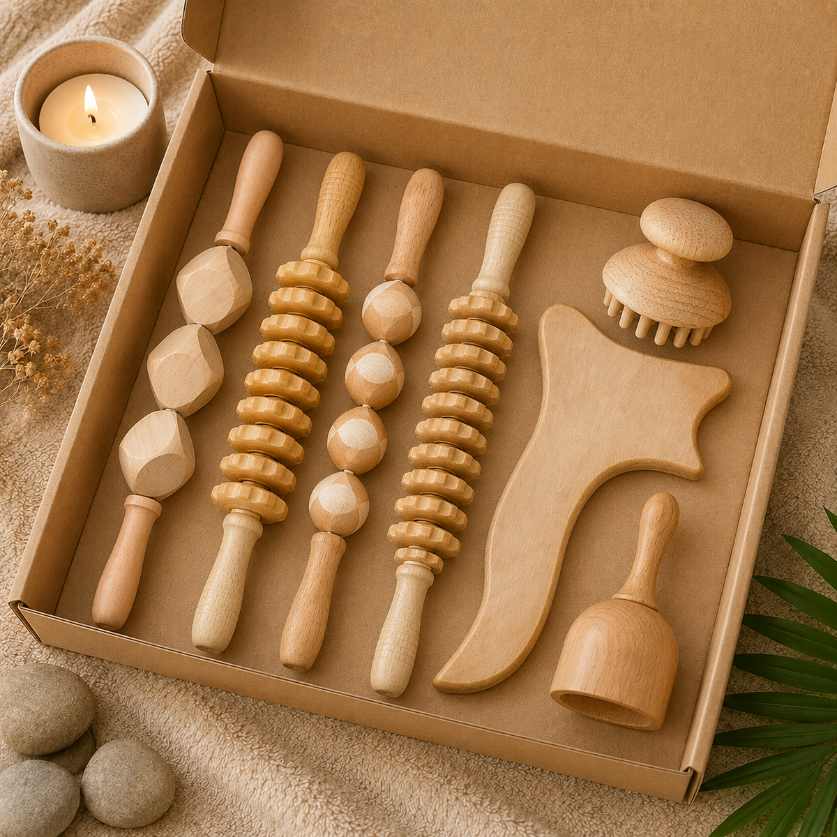 kits de massage en bois d'hêtre, proposés en trois compositions différentes selon vos besoins. 
