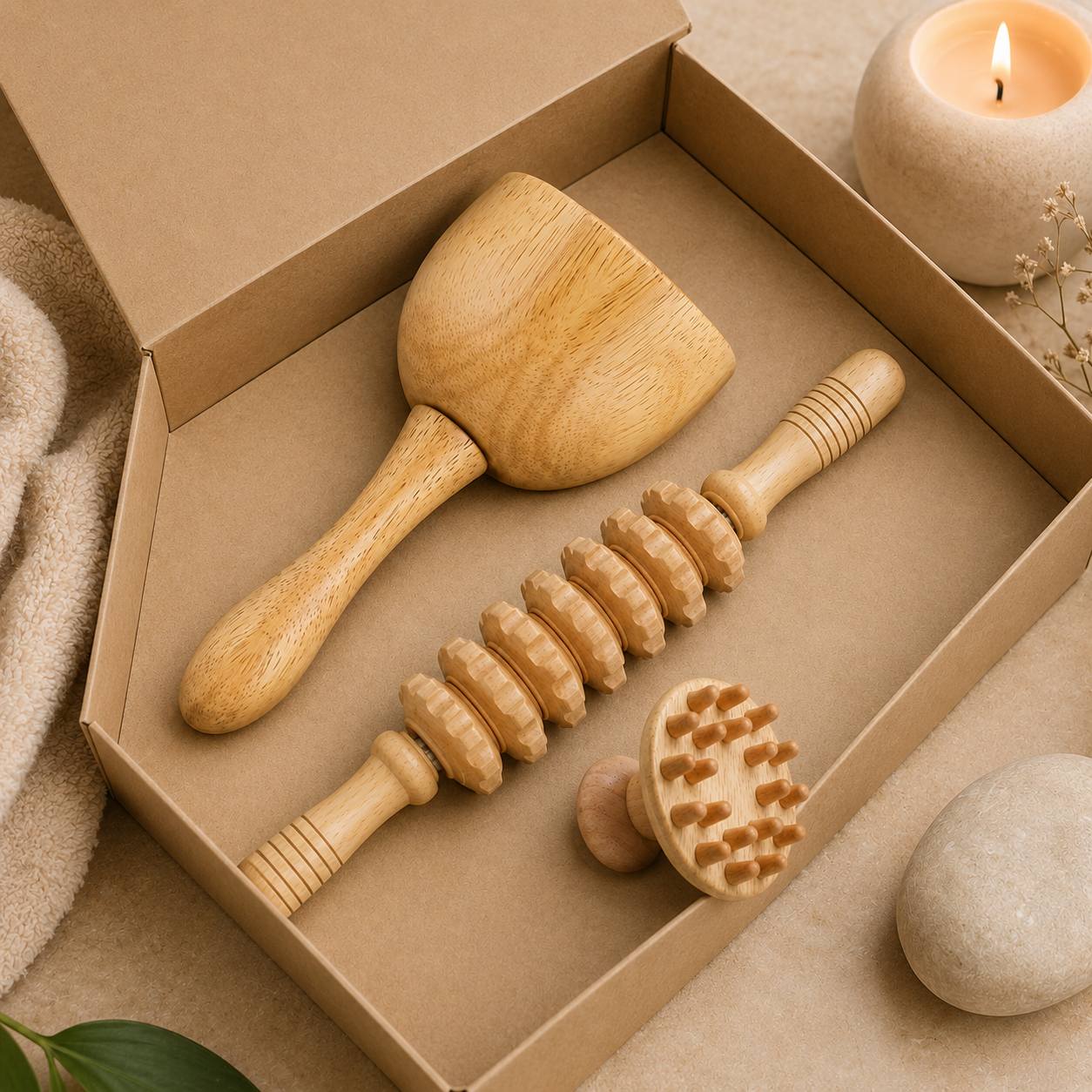 Découvrez ce kit de massage en bois de hêtre, disponible en trois compositions différentes pour répondre à vos besoins
