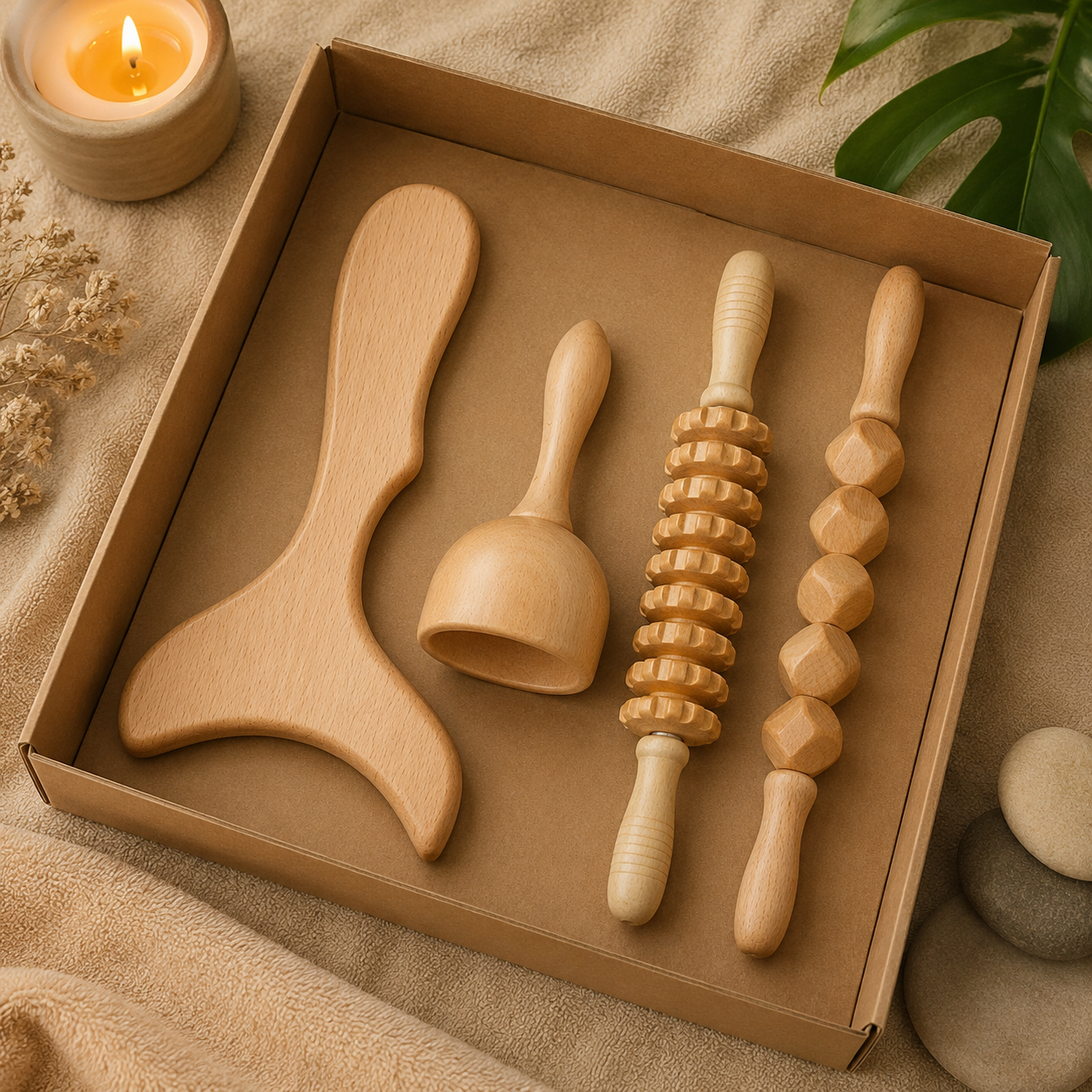 Découvrez ce kit de massage en bois de hêtre, disponible en trois compositions différentes pour répondre à vos besoins