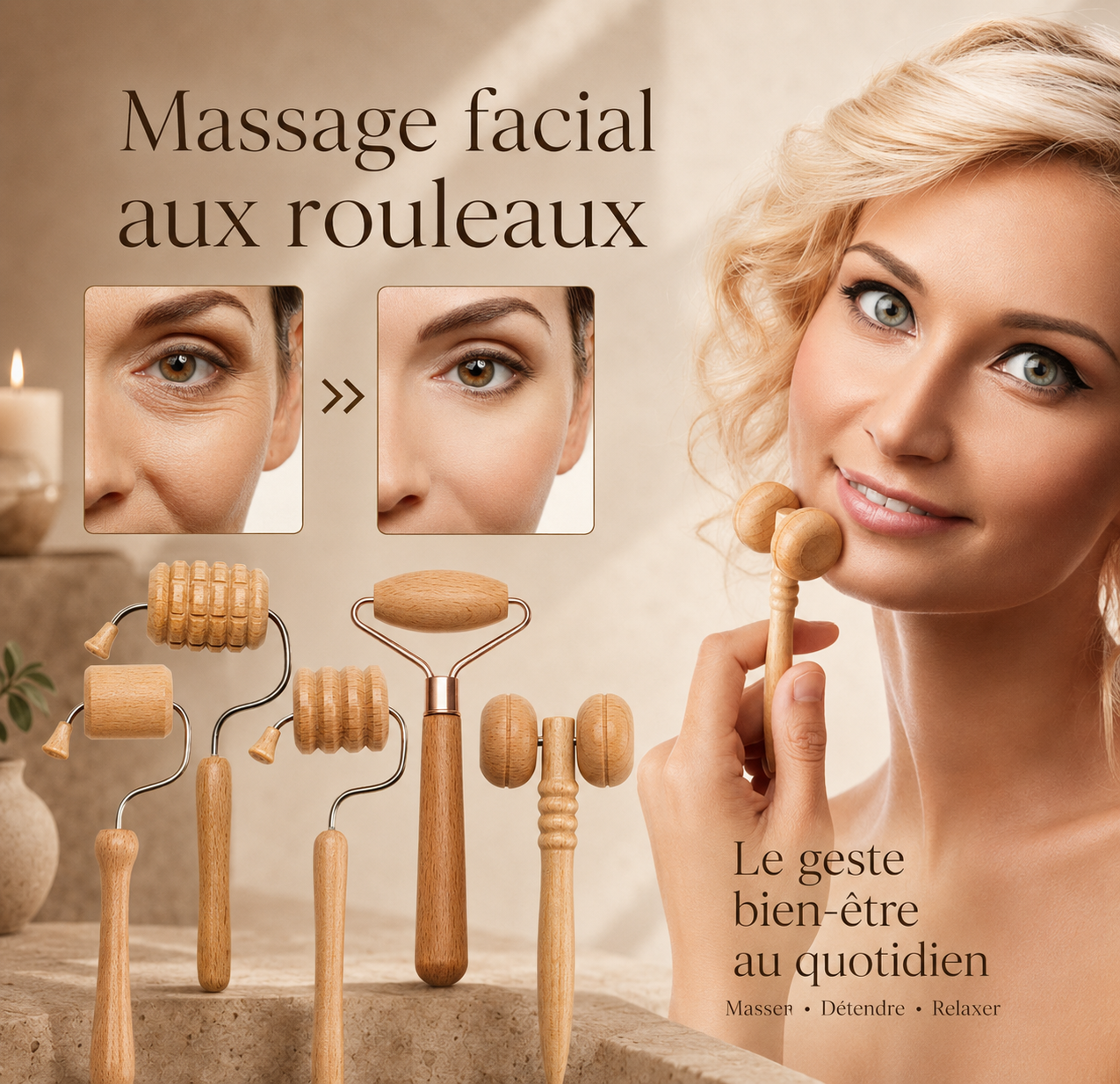 Femme utilisant un rouleau de massage facial en bois, entourée des différents accessoires du coffret 