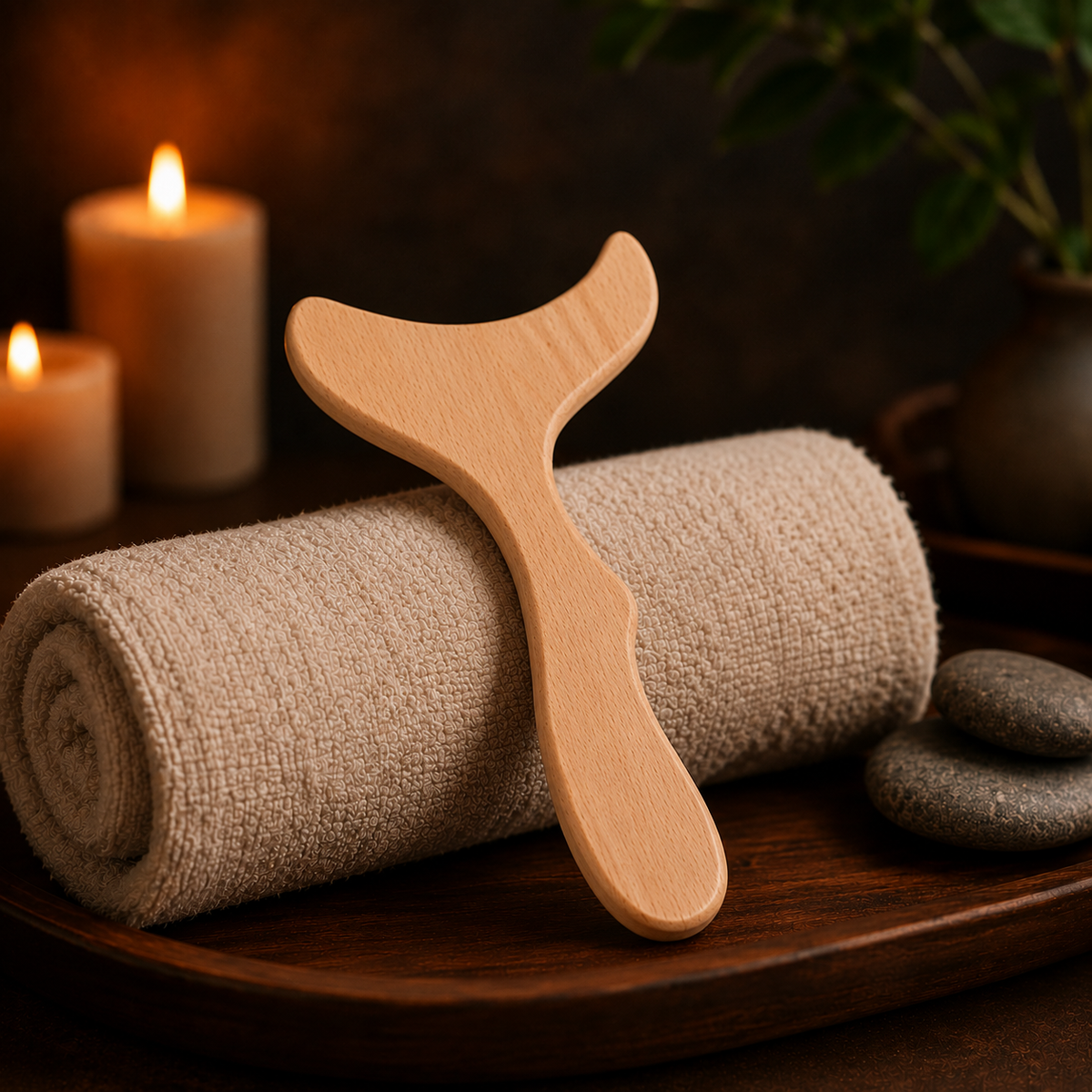 Cette planche de massage Gua Sha en bois possède une forme incurvée qui épouse facilement les courbes du corps.