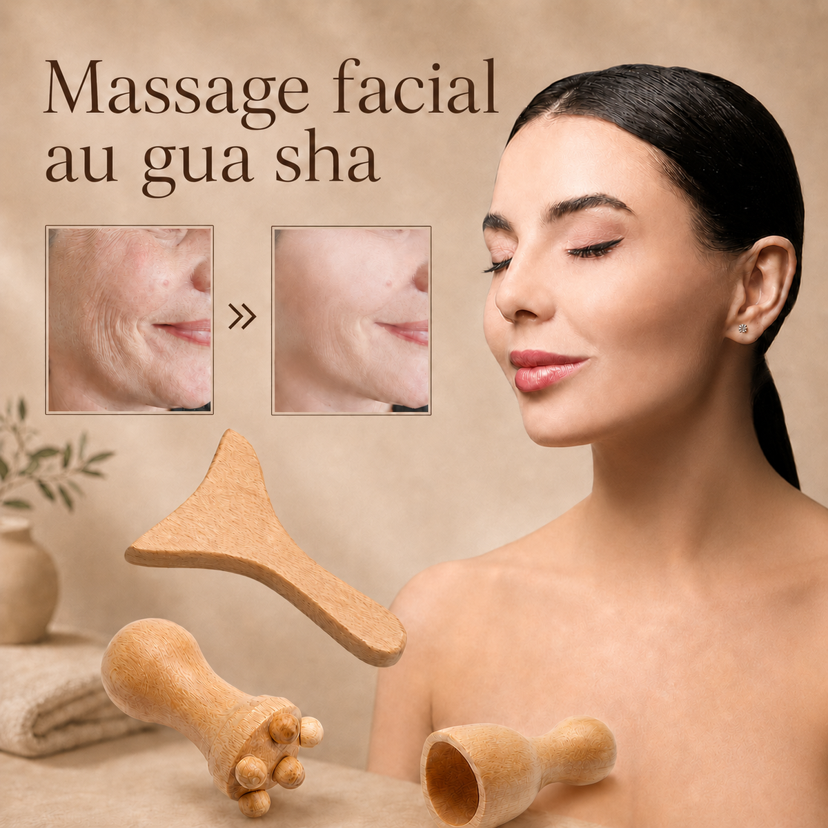 Femme accompagnée d’un gua sha et de deux accessoires de massage en bois, conçus pour masser délicatement le visage 