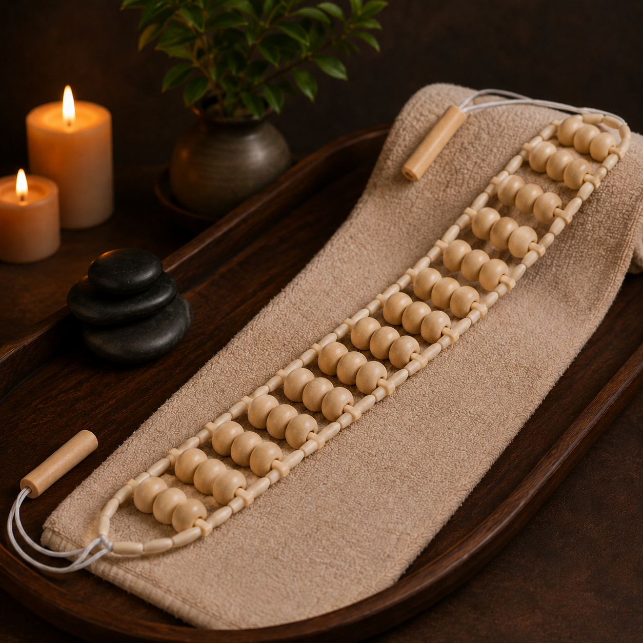 Facilitez le massage des zones difficiles d’accès avec cette sangle de massage en bois. Ce rouleau mobile épouse les courbes du corps pour masser le dos,