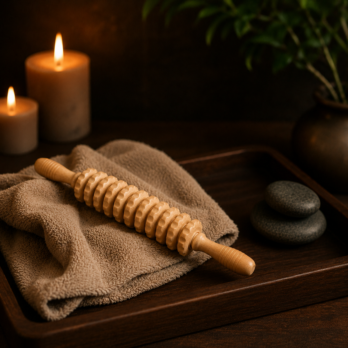 Un rouleau de massage en bois conçu pour masser les jambes, 